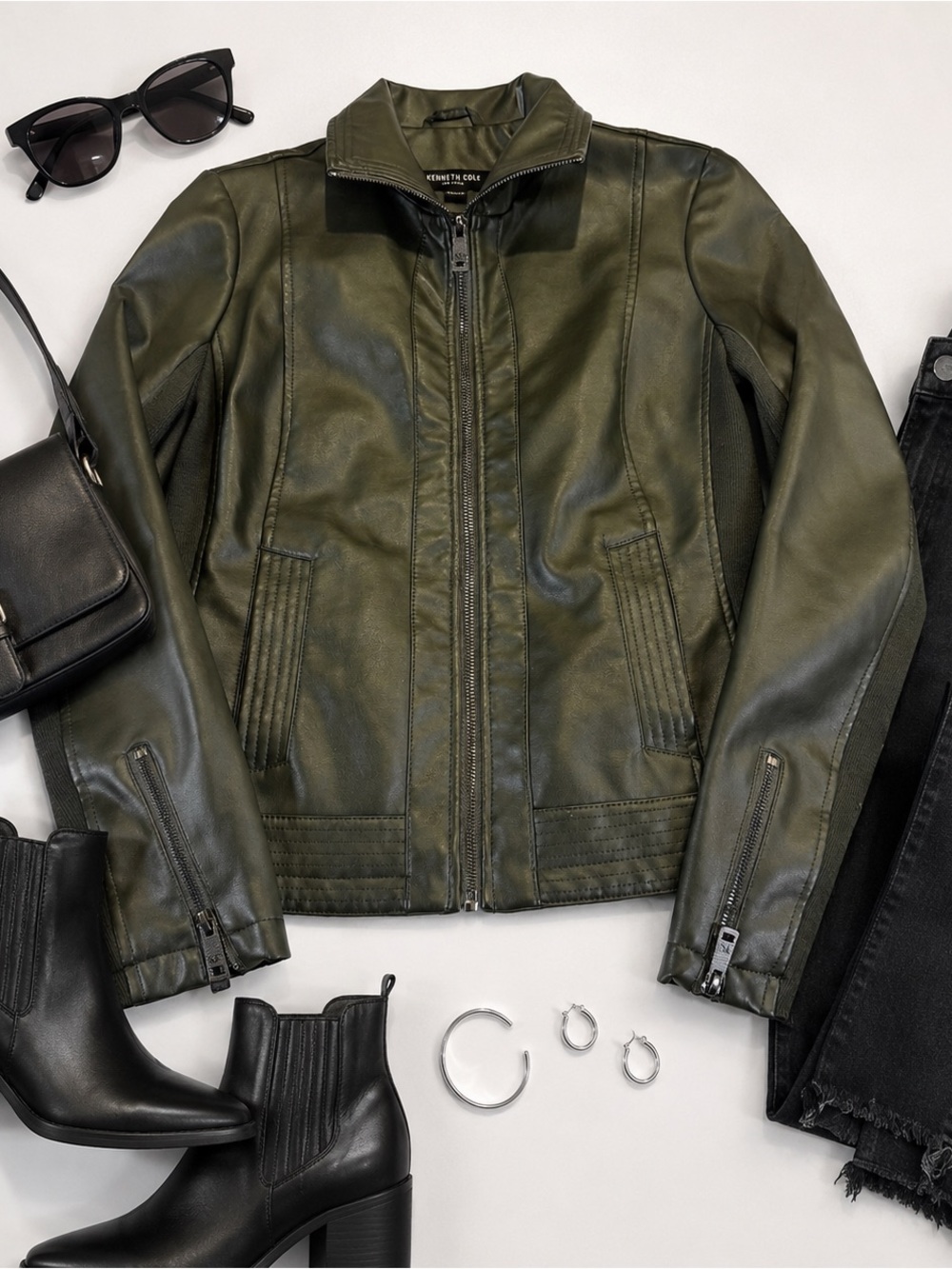 Kenneth Cole XS New York Faux Leather PU Zippered Moto Jacket Olive